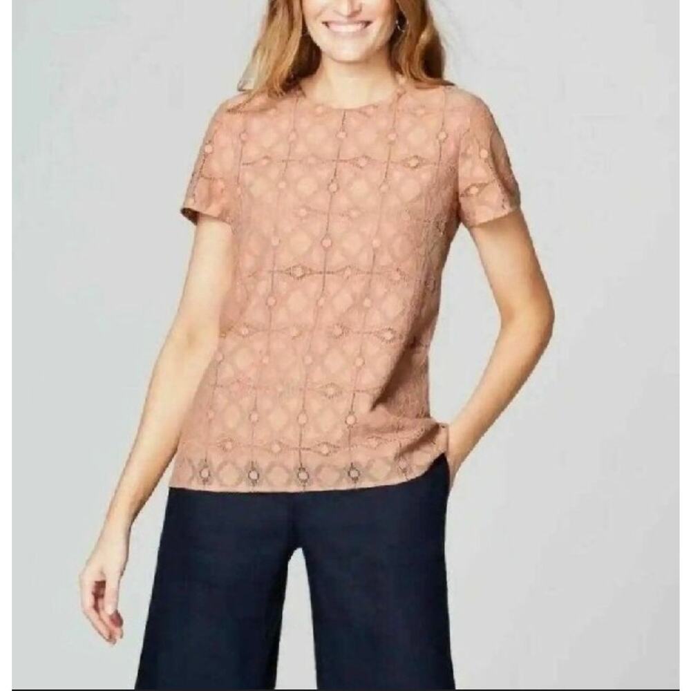 J. Jill Lace Overlay Blouse Short Sleeve Neutral Beige Boho Top XS